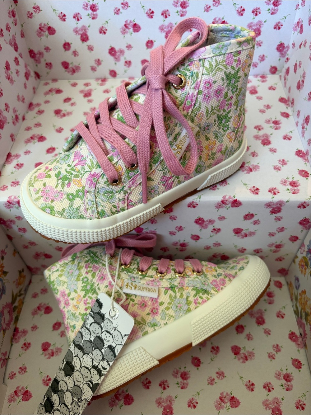 Kids Superga X LoveShackFancy High-Top Floral Sneakers in Strawberry Sugar